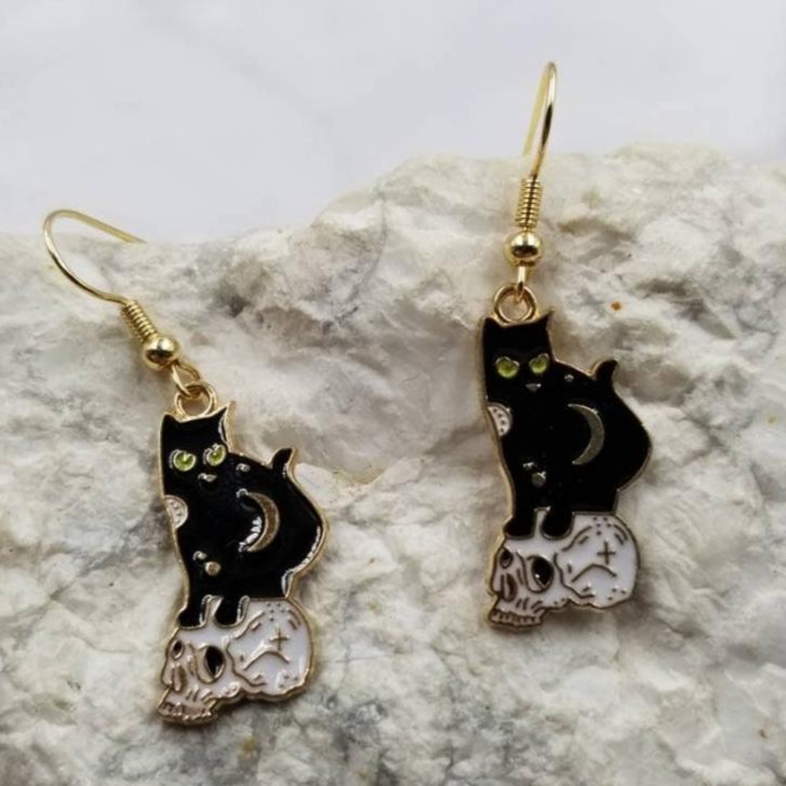 Black Cat On Skull Goth Halloween Earrings